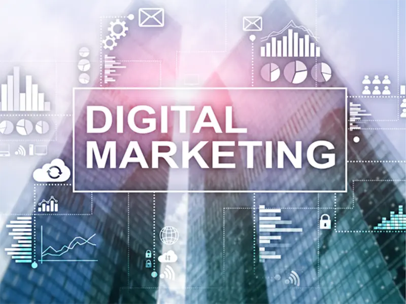 Digital Marketing Concept – Modern skyscrapers with data visualization graphics, charts, and analytics icons overlaying the cityscape, representing online marketing strategies and business growth.